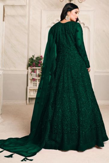 Dark Green Color Net Fabric Embroidery Work Reception Wear Anarkali Suit