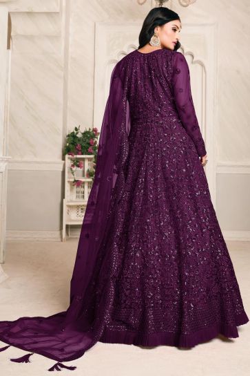 Purple Color Net Fabric Embroidery Work Function Wear Anarkali Suit