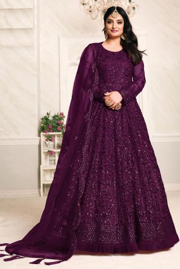 Purple Color Net Fabric Embroidery Work Function Wear Anarkali Suit