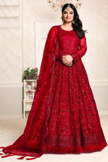 Net Fabric Embroidery Work Festive Wear Trendy Anarkali Suit In Red Color 