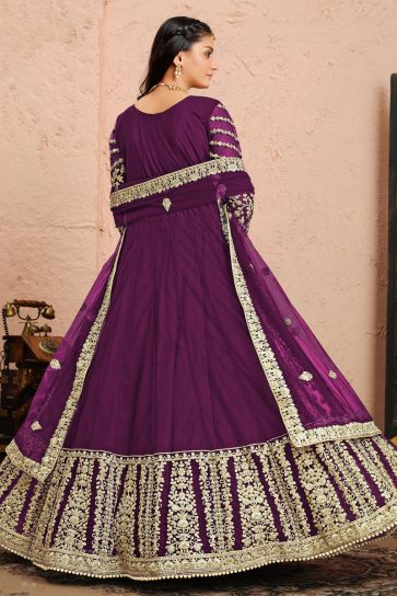 Purple Color Net Fabric Sangeet Wear Embroidered Designer Anarkali Suit