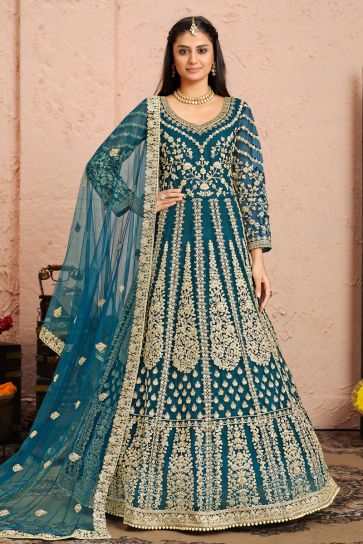 Net Fabric Wedding Wear Embroidered Designer Anarkali Suit In Teal Color