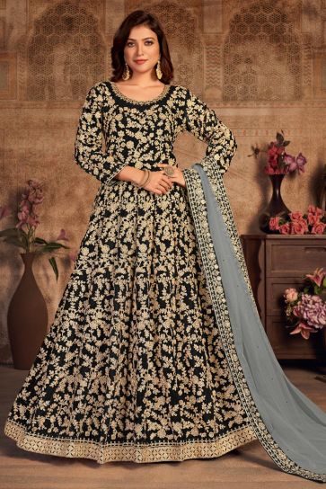 Net Fabric Function Wear Embroidered Black Color Anarkali Suit