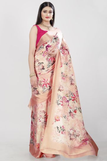 Satin Fabric Peach Color Floral Print Regular Wear Saree