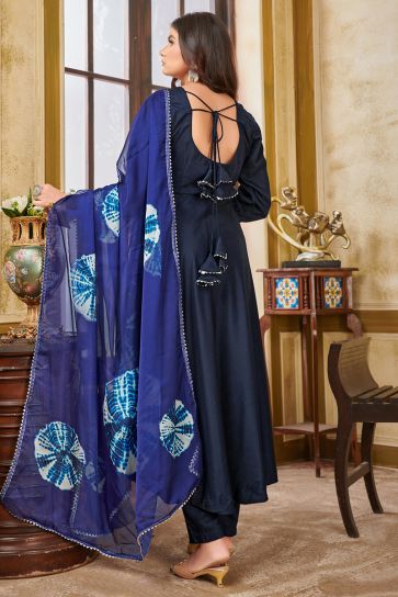 Glamorous Navy Blue Fancy Fabric Readymade Straight Cut Salwar Suit With Printed Dupatta