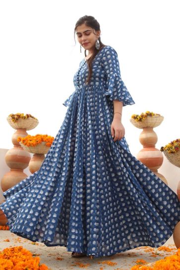 Trendy Navy Blue Color Cotton Fabric Digital Print Function Wear Gown