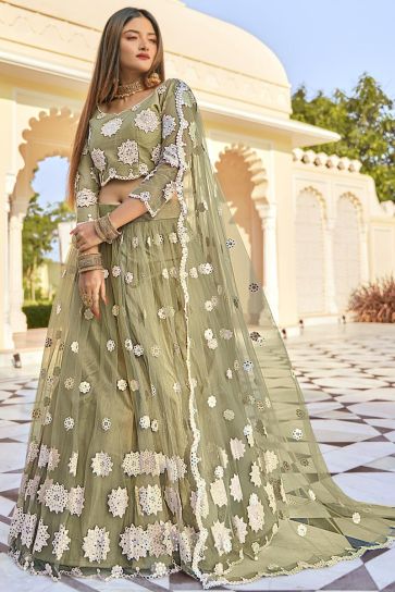Net Fabric Designer Embroidered Wedding Wear Lehenga Choli In Khaki Color