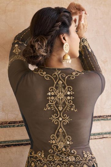 Beautiful Net Grey Embroidered Anarkali Salwar Suit