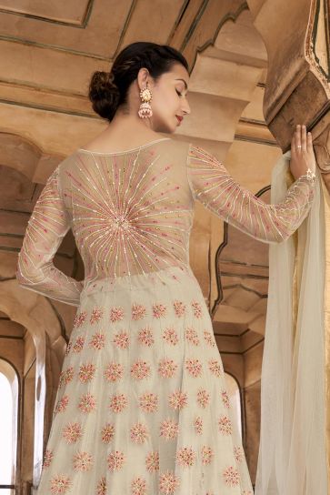 Glamorous Beige Net Fabric Embroidered Anarkali Salwar Suit