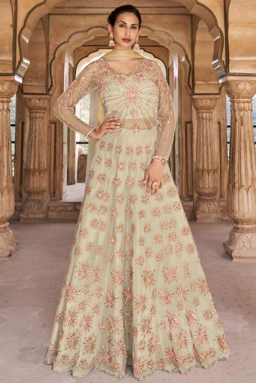Glamorous Beige Net Fabric Embroidered Anarkali Salwar Suit