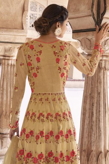 Gorgeous Embroidered Cream Net Fabric Festive Wear Anarkali Salwar Suit