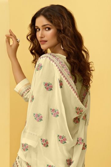 Vartika Singh Georgette Fabric Festive Wear Embroidered Palazzo Salwar Suit In Beige Color