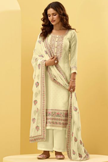 Vartika Singh Georgette Fabric Festive Wear Embroidered Palazzo Salwar Suit In Beige Color