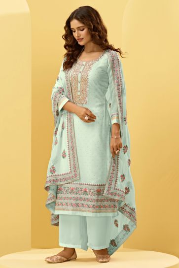 Vartika Singh Light Cyan Color Georgette Fabric Fancy Embroidered Function Wear Palazzo Salwar Kameez