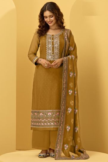 Vartika Singh Mustard Color Function Wear Embroidered Fancy Georgette Fabric Palazzo Dress