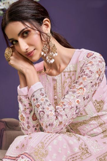 Georgette Fabric Party Wear Pink Color Embroidered Designer Salwar Suit