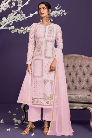 Georgette Fabric Party Wear Pink Color Embroidered Designer Salwar Suit