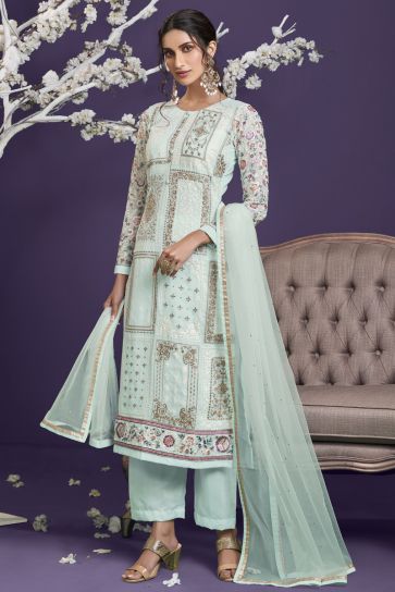 Sea Green Color Georgette Fabric Sangeet Wear Embroidered Designer Salwar Suit