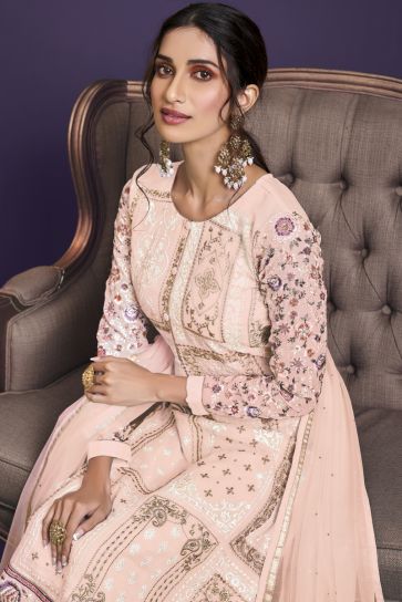 Georgette Fabric Wedding Wear Embroidered Designer Salwar Suit In Peach Color