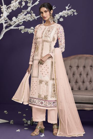 Georgette Fabric Wedding Wear Embroidered Designer Salwar Suit In Peach Color