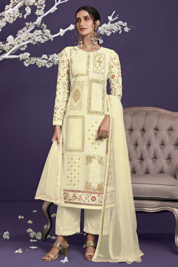 Reception Wear Georgette Fabric Yellow Color Embroidered Designer Salwar Suit