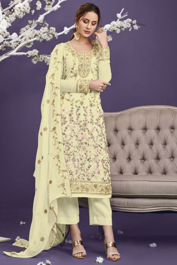 Yellow Color Festive Wear Embroidered Georgette Fabric Designer Salwar Suit