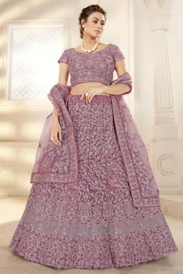 Elegant Net Fabric With Embroidered Work Pink Color Bridal Lehenga Choli