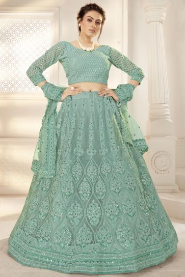 Trendy Heavy Net Fabric Sea Green Color Blazing Lehenga With Embroidered Work