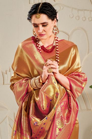 Party Wear Golden Color Trendy Banarasi Art Silk Fabric Weaving Work Saree