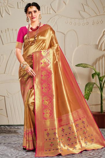Party Wear Golden Color Trendy Banarasi Art Silk Fabric Weaving Work Saree