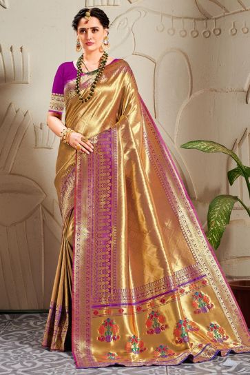 Sangeet Wear Trendy Banarasi Art Silk Fabric Weaving Work Saree In Golden Color