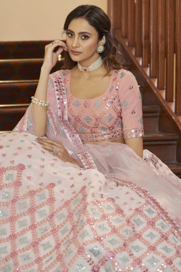 Marvelous Peach Color Georgette Febric Lehenga With Thread Embroidered Work