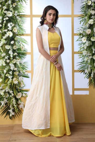 Wedding Wear Lehenga Choli In Georgette Fabric Yellow Color With Designer Koti