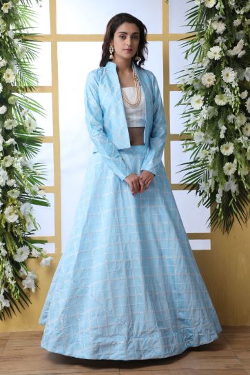 Sky Blue Color Sangeet Wear Lehenga Choli With Designer Koti