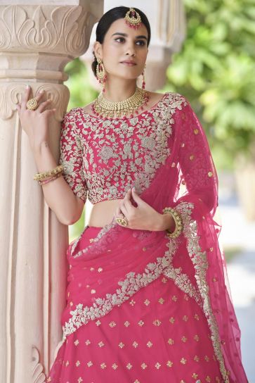 Pink Color Embroidered Sangeet Wear Lehenga Choli In Net Fabric