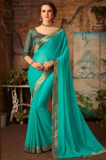 Chiffon Fabric Cyan Color Party Wear Saree With Border Work