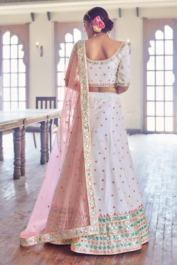 Off White Color Wedding Function Wear Embroidered Lehenga In Silk Fabric