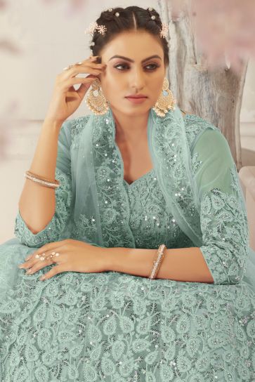 Incredible Embroidered Work On Net Fabric Sea Green Color Function Wear Lehenga