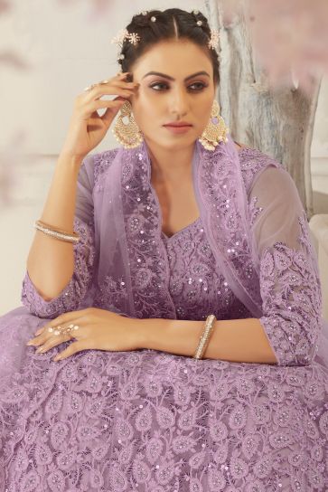 Engaging Lavender Color Net Fabric Designer Lehenga With Embroidered Work