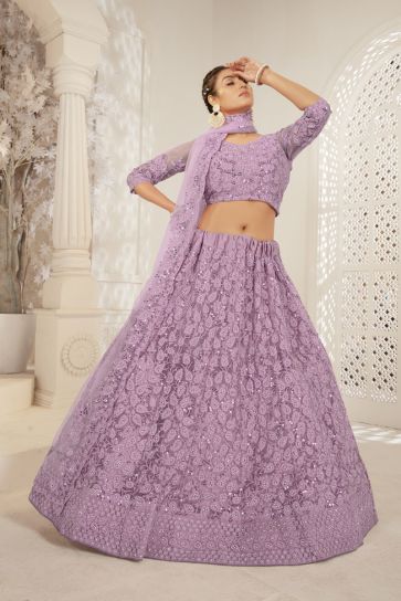 Engaging Lavender Color Net Fabric Designer Lehenga With Embroidered Work