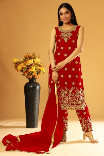 Net Fabric Vintage embroidered Salwar Kameez With Koti In Red Color
