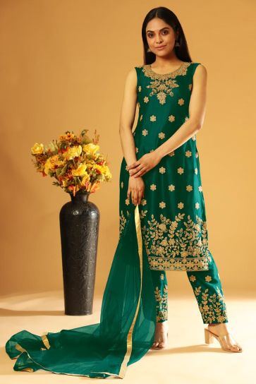Party Wear Dark Green Color Embroidered Salwar Kameez With Koti In Party Wear