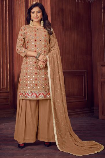 Georgette Fabric Chikoo Color Sangeet Wear Embroidered Palazzo Suit