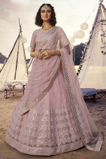 Pink Color Wedding Wear Organza Fabric Lehenga
