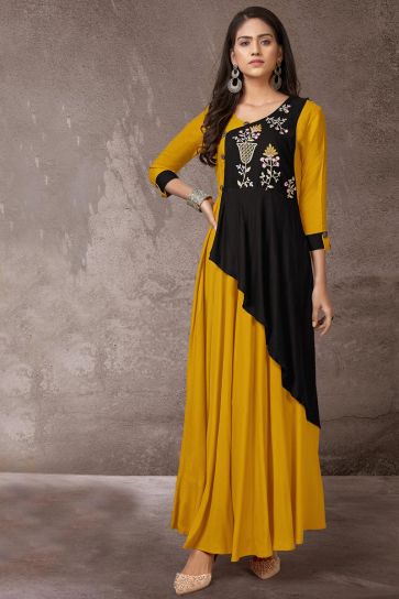 Rayon Fabric Fancy Office Wear Kurti In Black And Mustard Color