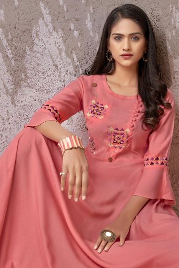 Stylish Pink Color Daily Wear Simple Kurti In Rayon Fabric