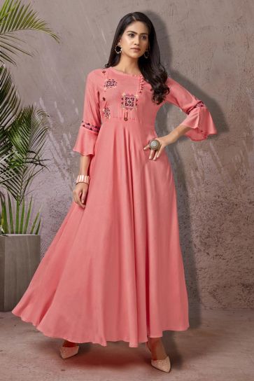 Stylish Pink Color Daily Wear Simple Kurti In Rayon Fabric