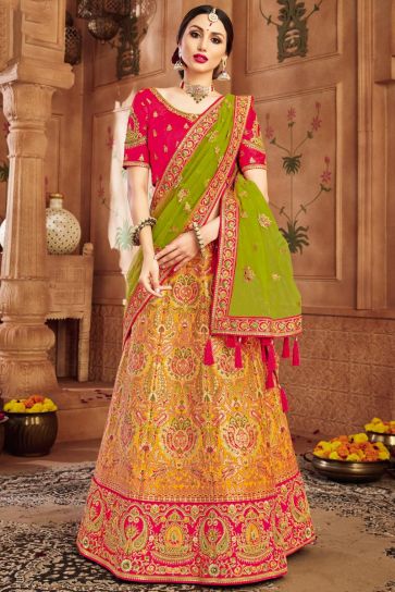 Art Silk Fabric Function Wear Weaving Work Lehenga Choli In Yellow Color