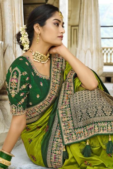 Art Silk Fabric Weaving Work Green Color Sangeet Wear Trendy Saree
