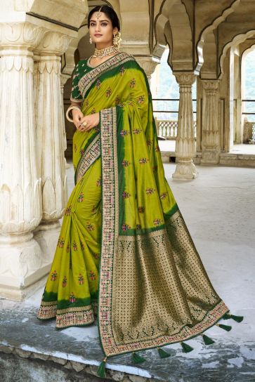 Art Silk Fabric Weaving Work Green Color Sangeet Wear Trendy Saree